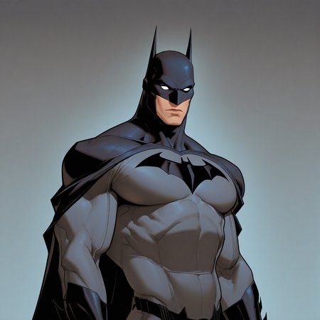 <lora:BATMAN_DCAMU:1> batman_dcamu, solo, looking at viewer, simple background, 1boy, gloves, animal ears, closed mouth, upper body, male focus, cape, gradient background, muscular, mask, bodysuit, muscular male, pectorals, animal print, black cape, white eyes, no pupils, manly, blank eyes, superhero, bat print, covered abs, bat ears, grey bodysuit, western comics (style), detailed background, motion blur, film grain, abstract, natural lighting, fantasy, cinematic, very awa, masterpiece, best quality, absurdres, newest, perfect quality, detailed background, intricate details, (artist:fl \(l-fl\):0.7), (artist:tooboshoo:0.7), (artist:dizdoodz:0.8)