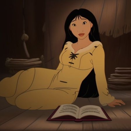 Attractive, attractive face, skinned, best quality, ultra quality, slanted eyes, small waist, thick thighs, yellow and beige dress,  happy, extremely detailed, adjusting hair, attractive face, long black hair, medium torso, small breats, lying on stomach, reading a book