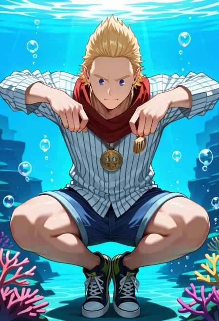 masterpiece, best quality, intricate details, (realistic:0.6), , 1boy, solo, male focus, <lora:mirio_toogata_ilxl:0.92>, mirio_toogata, blonde hair, blue eyes, short hair, , , submerged sanctuary, coral arches, bubble chambers, deep-sea fauna, meditating pose, peaceful expression, twilight depths, Denim bermuda shorts, Pinstripe shirt, Canvas sneakers, , Medallion and andFace Scarf (Neck Gaiter)