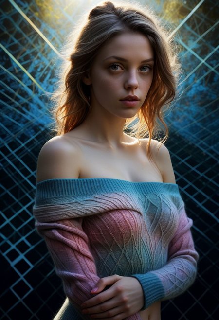 mysterious pale woman, a stunningly seductive stare, in off-shoulder sweater, fading backlit background, pastell colours, alluring goddess, by Minjae Lee, Carne Griffiths, Emily Kell, Steve McCurry, Geoffroy Thoorens, Aaron Horkey, Jordan Grimmer, Greg Rutkowski, amazing depth, double exposure, surreal, geometric patterns, intricately detailed, bokeh,  perfect balanced, deep fine borders, artistic photorealism , smooth,  great masterwork by Suiras  <lora:add-detail-xl:2>  <lora:Double_Exposure:0.5>