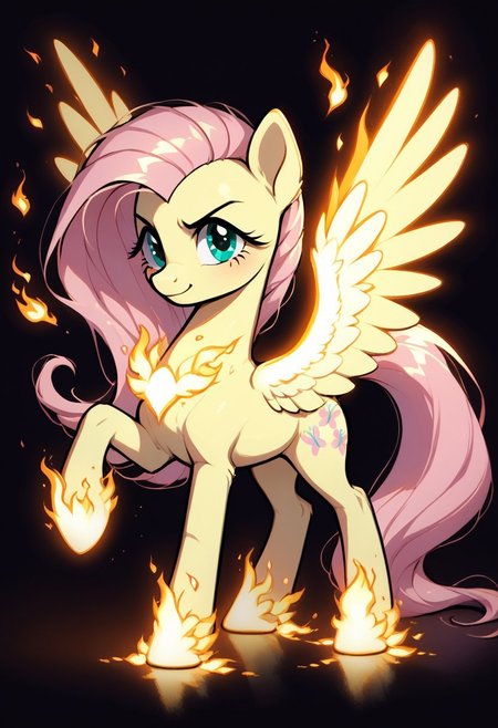 core_9, score_8_up, score_7_up, score_5_up, source_anime, Fluttershy, depicted as a powerful and magical pony with clearly equine facial features, surrounded by vibrant, glowing magical energy swirling dynamically around her. The magic radiates in shades of neon pink, fiery red, and glowing y3ll0wblu3, creating a stunning and otherworldly effect. Embers float in the air, with fiery sparks and volumetric lighting adding depth and intensity. Her expression is fierce and determined, emphasizing her strength and focus, while her mane and fur are illuminated by the radiant magic. The background is dark and shadowy, contrasting with the glowing magic and embers, enhancing the painterly and mystical art style. Ultra-detailed, cinematic composition, vibrant colors, striking contrasts, and high-quality rendering, pony-style anatomy with perfect proportions.