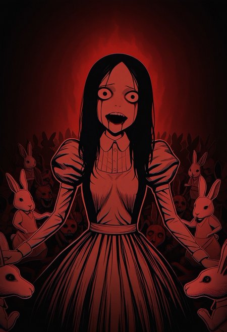 MASTERPIECE, AMAZING QUALITY, PAPER CUTOUT, RABBIT, BLOODY MOUTH, DARK, HORROR (THEME)