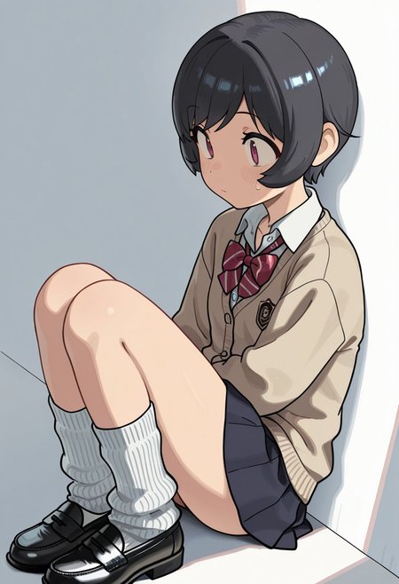 Score_9, Score_8_up, Score_7_up, Score_6_up, Score_5_up, Score_4_up, (masterpiece, best quality:1.2), soft_lighting, soft_skin_tone, orenji, 
BREAK
focus on face, 1girl, kanakochan, cardigan, school uniform, pleated skirt, loose socks, school shoes, 
BREAK
white background, simple background