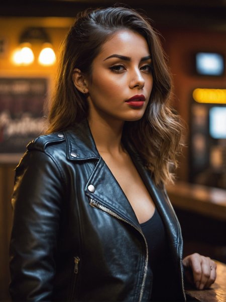 A dynamic cinematic photograph of Brett_Bowles_P_MXAI_SDXL , hard expression, wearing biker boots, wearing detailed leather pants, wearing a band t-shirt, wearing a leather jacket, standing at the bar in a biker bar, shot from the side, PA7_Portrait-FL, SK_CINEMATIC, ziprealism