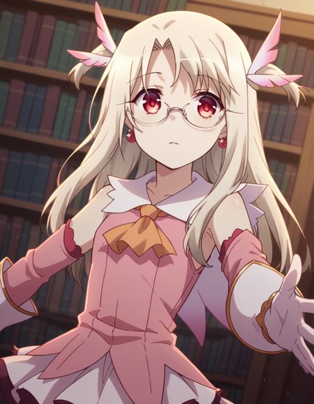 score_9, score_8_up, score_7_up, source_anime, <lora:illyasviel-von-einzbern-prisma-s2s3-ponyxl-lora-nochekaiser:1>,, illyasviel von einzbern, long hair, blonde hair, red eyes, parted bangs,, hair ornament, gloves, dress, jewelry, earrings, detached sleeves, ascot, magical girl, feathers, pink dress, feather hair ornament, prisma illya,, library, reading books, glasses, quiet, focused, shelves of books, , looking at viewer, hand reaching out, solo,, cowboy shot, dutch angle