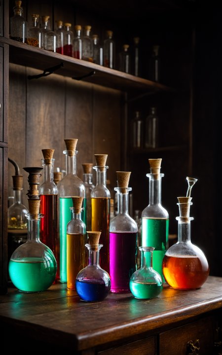 wizard laboratory,intricately detailed photography,brightly colored vials and liquids,bold,RAW,<lora:Creat0r_MagicDetailzV2_FIX:0.95>,