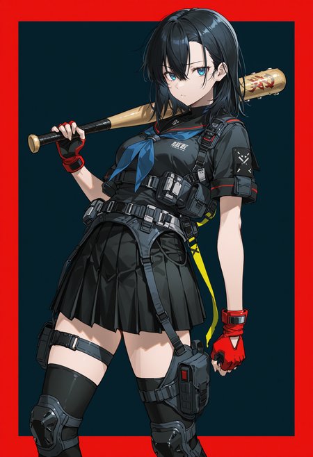 sketch, 1girl, dark blue background, simple background, light frown, looking at viewer, raised inner eyebrow, blue eyes, black hair, medium hair, hair between eyes, blue neckerchief, black sailor collar, black skirt, pleated skirt, red gloves, fingerless gloves, knee pads, sway back, closed mouth, solo, short sleeves,  :/, black thighhighs, thigh strap, techwear, holding baseball bat, weapon over shoulder, red border, outside border, 
<lora:illustrious_noobai_epsilon_pred_1_masterpieces_v1:1> masterpiece, very aesthetic, absurdres, <lora:NOOB_vp1_detailer_by_volnovik_v1:0.6>, <lora:spo_sdxl_10ep_4k-data_lora_webui:1>,  <lora:z3zz4_075:0.8>