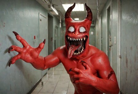 score_9, score_8_up, score_7_up, solo, banban, hellish, white eyes, red skin, claws, horror, horns, open mouth,  sharp teeth, tongue out, dark hallway, hospital, black room