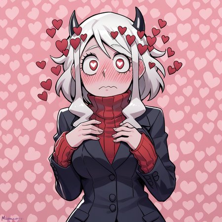 score_9, score_8_up, score_7_up, score_6_up, score_5_up, score_4_up, zPDXL2,source_anime,rating_questionable, <lora:Heart_Background:0.8> h34rt, pink background, heart background, hearts, 1girl, cowboy shot, modeus helltaker, looking at viewer, blush