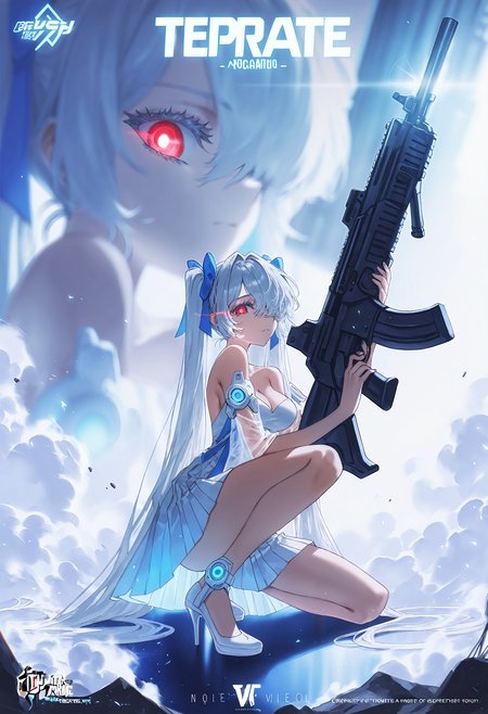 n30n01r, glowing, <lora:NeoNoir:0.6>,
NoGamenoLifeStyle, <lora:No_Game_no_Life IL:0.6>,
4ur4_illu,shiny, <lora:Aura_Phantasy_illu:0.6>,
<lora:spo_sdxl_10ep_4k-data_lora_webui:0.8>,
1girl, very long hair, breasts, long hair, solo, dress, large breasts, high heels, hair over one eye, cleavage, twintails, red eyes, full body, looking at viewer, see-through, white hair, sitting, white footwear, white dress, official alternate costume, see-through dress, bare shoulders,checkered background,white backgroundï¼NikkeProfile,full body,zoom layer,copyright name,character name,english text,logo,holding weapon,holding gun,assault rifle,on one knee,looking to the side,short hair,hair ribbon,two-tone dress,pleated dress, looking at viewer,face focus, eye trail,backlighting,blue and white theme,depth of field,cinematic lighting,light particles,lens flare, (artist:quasarcake:0.8),extreme aesthetic,(wlop:0.6),masterpiece,best quality,good quality,newest,year 2024,year 2023,very aesthetic,absurdres,Visual impact,A shot with tension, ultra-high resolution,32K UHD,sharp focus,best-quality,masterpiece,Emotionalization,unconventional supreme masterpiece,masterful details,temperate atmosphere,with a high-end texture,in the style of fashion photography, (Visual impact:1.2),giving the poster a dynamic and visually striking appearance,impactful picture,offcial art,colorful,splash of color,movie perspective, masterpiece,best quality,amazing quality,very aesthetic,absurdres,best quality,newest, flying debris,dust,smoke,