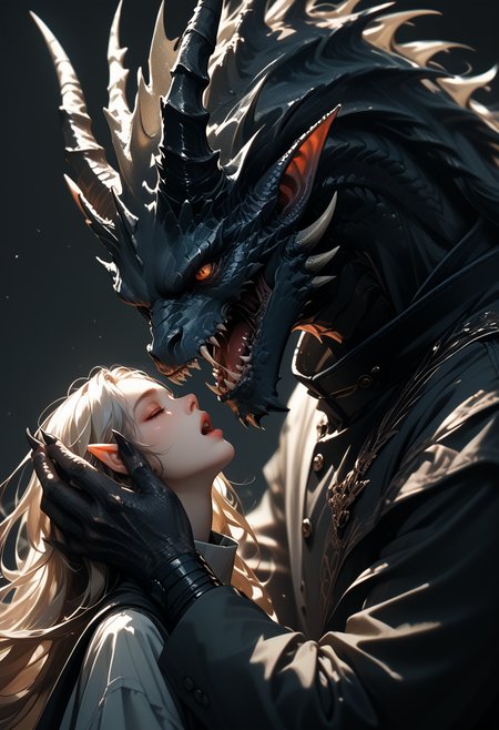 (score_9, score_8_up), score_7_up, 1girl, long hair, floating hair, open mouth, simple background, long sleeves, holding, closed eyes, upper body, parted lips, horns, teeth, pointy ears, grey background, looking at another, from side, sketch, coat, fingernails, profile, own hands together, looking up, demon, monster, dragon, black claws, black finger nails,
depth of field, blurry background, black background, dark, CINE
 <lora:unholy-000009:0.75>   <lora:CINE-000008:0.5>
