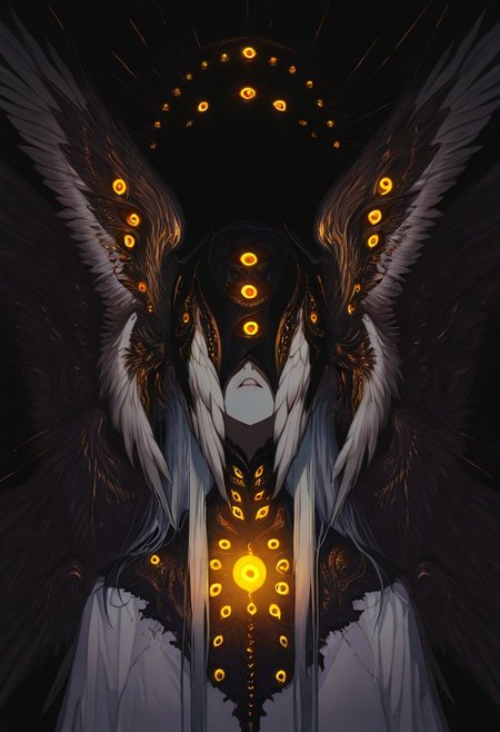 solo, 1girl, baa mask, extra eyes, multiple wings, head wings, covered eyes, colored sclera. xxx667_illu,4ki4k4ne_illu, glowing, smooth, masterpiece, best quality,absurdres, very awa,
