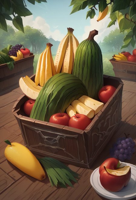 dt_xiv_style, food, no humans, fruit, box, scenery, apple, grapes, food focus, banana, lemon, vegetable, still life, cucumber, corn, wood, score_9, score_8_up, score_7_up, score_6_up, score_5_up, score_4_up,