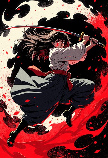 retro anime style, mythp0rt,LowKeyLights_v2, In the pitch-black night, a beautiful female samurai flies through the air, her movement sharp and graceful as she swings her katana downward with fierce precision. Her stunning face, smeared with streaks of blood, remains focused and cold, embodying both beauty and ruthlessness. The force of her swing sends gusts of wind swirling around her, lifting clouds of white and red sand that swirl chaotically in the air, creating an intense and dramatic backdrop. The night is filled with tension as the stark contrast of the pale sand and the blood-red grains encircling her frame heightens the sense of violence and grace intertwined in this powerful moment of action <lora:FluxMythP0rtr4itStyle:0.3>  <lora:Halftone_Flux:0.3> <lora:RetroAnimeFluxV1:0.9>
