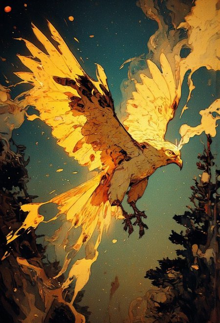 A mystical, divine hawk soars overhead as you see it from the side, its feathers glowing with a radiant golden-yellow light. The majestic bird, flying over trees, emanates an aura of power and grace, leaving behind a shimmering trail of golden dust and ethereal smoke that swirls in the air. Its wings spread wide, radiating divine energy, as the warm glow contrasts beautifully against the darker, mystical sky. The atmosphere feels enchanted, celestial, and filled with an ancient, otherworldly presence.
