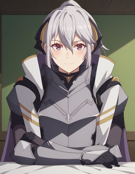score_9, score_8_up, score_7_up, source_anime, <lora:jeanne-e-anise-s1-ponyxl-lora-nochekaiser:1>, jeanne e anise, bangs, purple eyes, ponytail, hair ribbon, black ribbon, hair between eyes, grey hair, medium breasts,, gloves, black gloves, cape, armor, breastplate, indoors, bed, bed room, on side, blush, drunk,, smile, looking at viewer, sitting, elbow rest, table,, solo,, cowboy shot, dutch angle