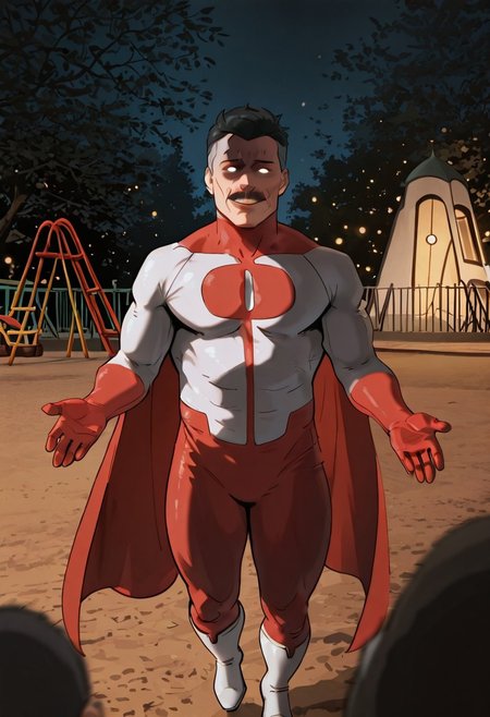masterpiece, newest,absurdres,incredibly absurdres, best quality, amazing quality, very aesthetic, 
, depth of field, blurry foreground, bokeh,park, playground, palmeras, solo, 1 ,male, muscle male,
Omnimman,skintight suit, red O shaped chest emblem,red gloves, red colored suit's lower part, red cape, white boots,moustache, old man, gray hair, Nolan grayson, black hair on top,Multi colored hair,
,flying, extended hands, happy, smile, cute,
re4lity_sync_illu,shaded face, (black face:1.2),glowing eyes