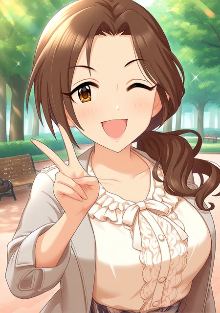 masterpiece, best quality, absurdres, perfect lighting,shiny skin,<lora:StS-Illustrious-Detail-Slider-v1.0:3>,<lora:illustrious_noobai_epsilon_pred_1_best_quality_v1:1>,1girl,large breasts,kawashima mizuki,brown hair, brown eyes, long hair, <lora:kawashima_mizuki:1>,parted bangs,low ponytail,hair over shoulder,brown eyes,pink frilled shirt,gray jacket,park,tree,peace_sign,wink,smile,open mouth,idolmaster cinderella girls, official art,