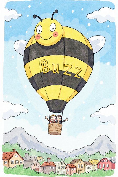 A watercolor image of a cheerful hot air balloon, shaped like a giant bumblebee with a smiling face, floats gently above a colorful town. The balloon's stripes spell out "Buzz" in playful letters, and tiny figures below wave and point excitedly. The background is a sunny, blue sky dotted with fluffy clouds shaped like animals.