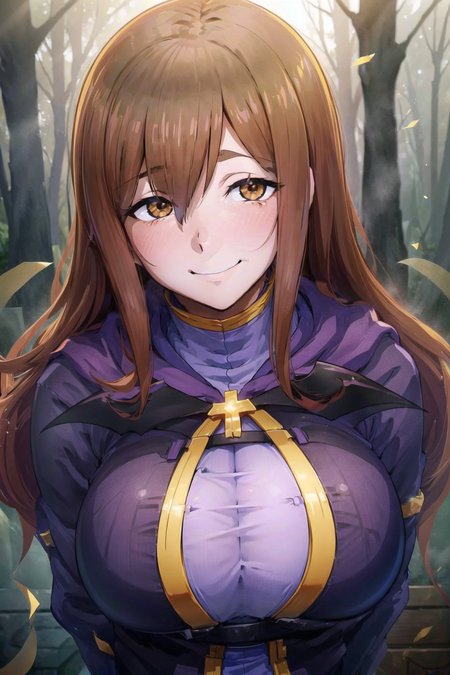 by aaron horkey, WizKonosuba, 1girl, bangs, large breast,brown hair, hair strand, brown eyes, long hair, portrait, solo, cinematic lighting, hard shadows, studio lighting, depth of field, bokeh, <lora:wizkonosubaloraNSFW_wizkonosubalora:0.7>, smile, happy, (forest, trees, mist)