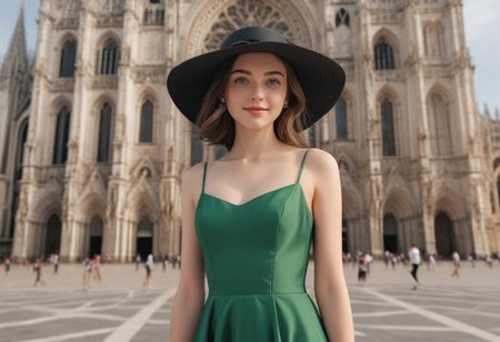 18yo girl posing for pic in front of tall bright cathedral. Joyous Wedding event background. Bride and groom leaving the cathedral in the background. Lots of people cheering in the background.
Blue eyes. small perfecteyes 
Wearing a satin green sundress and a large straw hat
no makeup. Clear skin.  realistic skin style
Long dark black slick back hair. No makeup. Cheerful morning , bright sun light. Looking at camera POV. Slight smile, tilting head.. Tilt head.
(full body:1.5). Bokeh. Bokeh light.