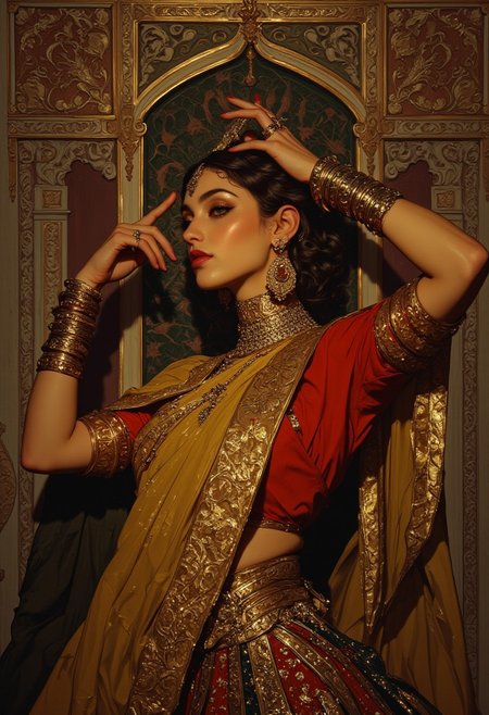 A close-up view of an Indian dancer's upper body captured mid-performance, her posture upright with graceful arm movement. She wears a traditional red silk choli with gold zari embroidery, fitted to her form, shimmering under the light. A sheer embroidered dupatta with gold borders drapes over her head and shoulders. Her neck is adorned with a heavy kundan necklace resting against her skin, matching the large jhumka earrings swaying from her ears. Her hands are decorated with haath phool jewelry connecting bangles to ornate rings, while multiple gold choodi bangles cover her wrists. Her face is detailed with traditional Indian makeup, kohl-lined eyes, gold eyeshadow, a red bindi on her forehead, and deep red lipstick. A maang tikka with a central gemstone rests on her forehead beneath the parted hairline. She wears a large nath nose ring with a chain linking to her ear. The background is filled with symmetrical Mughal patterns carved into stone, floral motifs, lattice designs, and geometric forms, all in rich gold and deep red tones, creating an ornate and regal atmosphere.