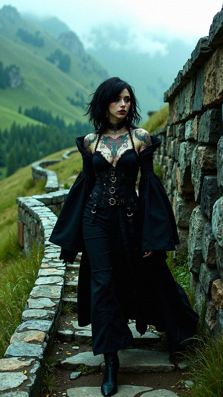 A mysterious woman with piercing red eyeshadow, dark tousled hair, and an exposed dragon tattoo on her neck and chest walks along a dramatic mountain pathway. Her gothic-inspired black attire, complete with oversized sleeves and metallic earrings, adds a modern, edgy contrast to the ancient stone stairs and the vibrant greenery around her. The weathered pathway snakes through rolling hills, leading into the mist. The composition balances the raw power of her presence with the tranquil majesty of the natural surroundings, creating an atmospheric, storybook-like scene.

Extreme emphasize on photorealistic, realistic detail, realistic reflection detail and realistic background detail. 
















