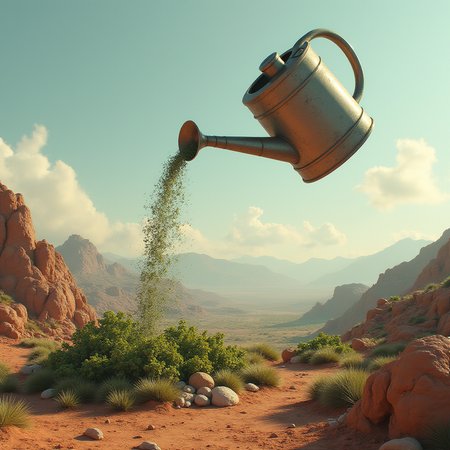 Create a picture of a giant watering can pouring a city-sized garden onto a barren planet, photo realistic, 4k