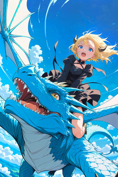1girl, (close up:0.7), sitting, riding a dragon, riding, riding animal, dragon, western dragon, wings, flying, (dynamic angle:0.5),
face focus, blue sky, open mouth, tearing up, happy,
blue theme,cloud, among clouds, day, horns, (multiple wings:0.6), outdoors, scales, scenery, sky, foreshortening,
serious, expresionless,
dress, black dress, blonde hair, long sleeves, magical girl,
anime coloring, flat color,
masterpiece, best quality, amazing quality, very aesthetic, absurdres,
<lora:ponyv4_noob1_2_adamW:0.75> <lora:add-detail-xl:1> <lora:d\EnvyZoomSliderXL01:1.1>