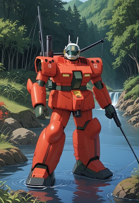 score_9, score_8_up, score_7_up, source_anime, front view, BREAK,  ( guncannon_mass_production_type, riverside, looking at viewer,) 1mech, copper mech, copper armor, metallic armor, water side, river bank, fishing, fishing rod, fishing pole, fishing line, shoulder cannons stowed, mech focus, solo, BREAK, two arms,