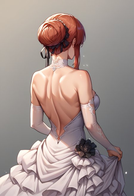 score_9, score_8_up, source_anime, 1girl, solo, MonarchAL, hair bun, sidelocks, black hair ribbon, backless dress, bridal gauntlets, from behind, back, nape, strapless dress, wedding dress, white dress, simple background, <lora:ChamMonarchPonyXL:1>