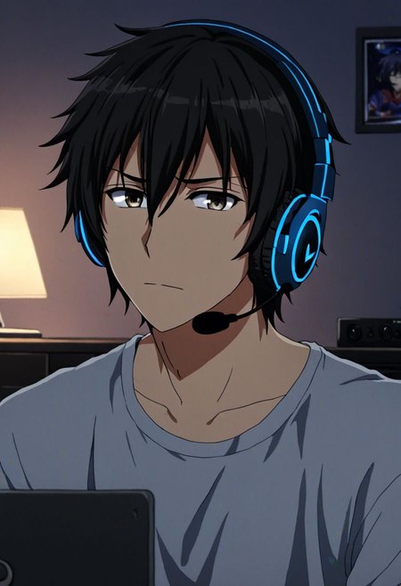 high resolution, solo, best quality, 1Boy, Kanie Seiya, Black Hair, gamer, bedroom, night, pc, sit, headset, portrait, OverallDetail