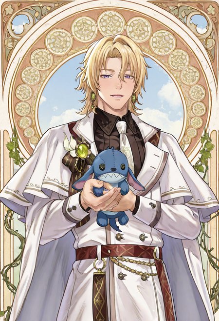 1boy, male focus, CyparN, CyparN_blond_hair, CyparN_purple_eyes, CyparN_earrings_gold_square, CyparN_gold_dangling_earrings, golden_regency_outfit, CyparN_white_long_coat_gold_floral_patterns, CyparN_black_shirt, CyparN_white_tie, CyparN_black_white_layered_cape_red_inner_lining, CyparN_brown_belt_with_chains, classic art nouveau frame, standing, holding Stitch plushie in one hand, elegant gentle pose, expression: serene soft smile, eyes looking to viewer, _expressive fond face, close up:2.7, low angle, ornate golden arch with vines, fantasy sky background, masterpiece, best quality, amazing quality, ultra-detailed, absurdres, cinematic lighting, realistic shading, intricate details, shiny skin, newest, 8k resolution, octane render,  <lora:Noctilucent_Cypar:0.8>