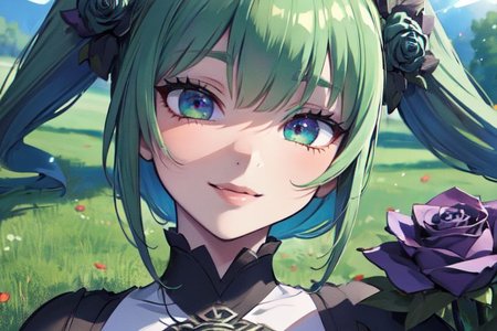 (masterpiece:1.4), 4K8K, (anime style), (high shutterspeed:1.4), (sharp edges), 
SyFyEye1, FanFo, 
1woman  hands togather,  leaning foward, face focus, smile, closed mouth, 
wearing Celtic style dress, (Detailed face, Detailed eyes, Detailed lips), (solo), 
any colored roses, Fantastic, grass firld,