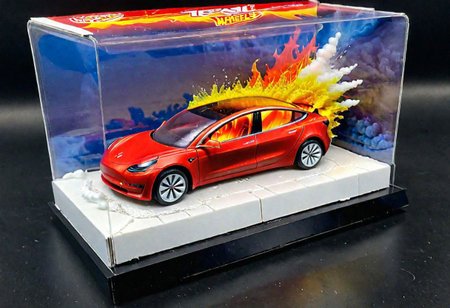 Hot Wheels toy car company have made a toy car version of a Tesla Model 3, The toy telsa model 3 car comes in a mini display unit/box. The car is exploding into fire and flames, white smoke fills the top of the display box, (realistic explosion from car), (realistic Flames bellow from the car windows inside the display unit),  Painstaking Attention To Details,