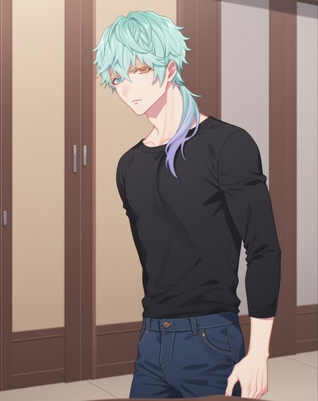 score_9, score_8_up, score_7_up, source_anime, anime screencap, depth of field, rating_safe, BREAK,
1boy, solo, yaoi, male focus,
looking at viewer, cowboy shot, facing viewer, standing, straight-on, arms at sides,
<lora:Peter_Flaige_Pony:1> peterflaige, aqua hair, heterochromia, long hair,
shirt, pants, 
indoors,