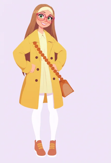 best quality, amazing quality, very aesthetic, absurdres, thick lineart,
1girl, hlcivil, green eyes, brown hair, long hair, 
coat, glasses, handbag, white pantyhose, shoes,
full body, hands on hips, standing,
smile, looking at viewer, solo, simple background, white background,   <lora:HoneyLemonNoobXL_byKonan:1>