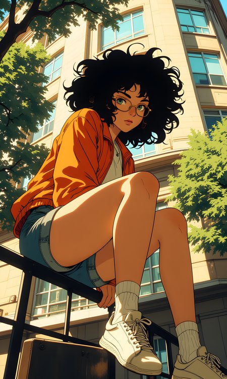 A woman with a large, voluminous messy hairstyle is the central subject, captured from a low angle that emphasizes her dynamic pose. 
The camera is positioned below her, looking up as she sits on a railing with one leg extended forward and the other bent. 
She wears an orange jacket, denim shorts, and white sneakers, with her glasses adding to her stylish appearance. 
Natural light filters through the trees above, casting soft shadows that highlight the texture of her hair and clothing. 
The light source appears to be the sun, creating a bright and airy atmosphere. 
In the background, the building's windows and tree branches frame the scene, adding depth and context to the urban setting. The composition centers on the woman, with her confident posture and vibrant outfit drawing attention. The background elements, including the building and trees, complement the overall mood of the image.
BREAK anime, d13s3lp2nk, bboil artist style, OBdonman, Anime art, <lora:FLUX\Anime Art V3:0.2>, <lora:FLUX\Synesthesia:0.2>, <lora:FLUX\RetroAnimeS1.1:0.5>, <lora:FLUX\Flux-jijia:0.1>, <lora:FLUX\It's a LoRA for portraits, BUT! actually specialized in backgrounds. v1.0:0.1>, <lora:FLUX\GLSHS:0.2>, <lora:FLUX\Dieselpunk Delight - s0_9 g4:0.4>, <lora:FLUX\OBdonman, anime0style portrait:0.1>