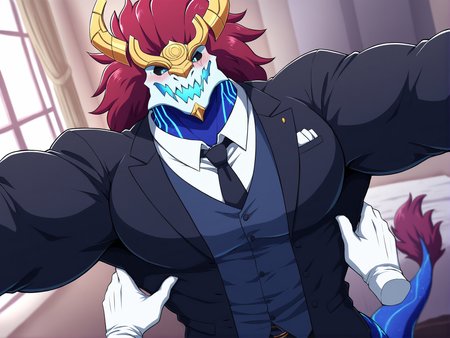 masterpiece,best quality,toraya \(doujintraya\),konya karasue,anime coloring,anime screenshot,bara,(barazoku:1.15),(muscular,big muscles,muscular male:1.1),cowboy shot,(pov,:1.1),(pov_hands:1.1),(hand on another's hip),1boy,furry male,dragon,aurelion sol,skull head,blue skin,yellow headgear,blue eyes,black sclera,(blue body markings:0.9),5 fingers,red hair,tail tuft,big muscles,<lora:aurelion sol_noob_prodigy-000040:1>,butler uniform,white_shirt under clothes,black tuxedo,necktie,white gloves,headgear,
standing,blush,surprised,bedroom,window,detailed background,aurelion sol is opening his hand helplessly,spread arms,