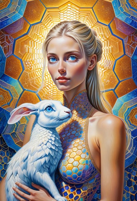 ((alex gray psychedelic painting.))  A stunning woman with blonde hair (featuring various hairstyles such as short, long, ponytail, or braided) and captivating blue eyes, large breasts, low cut halter top, stands gracefully, holding a white rabbit in her arms and gently petting it. She is in a surreal landscape of towering honeycombs, their intricate hexagonal patterns glowing with warm, golden hues. The honeycombs stretch upward like fantastical structures, their surfaces shimmering with iridescent nectar that reflects light in mesmerizing ways. The woman gazes upward in awe, her serene expression harmonizing with the magical surroundings. The entire scene is depicted in a highly detailed, psychedelic style, reminiscent of Alex Grey’s art, with intricate patterns weaving through the honeycomb environment and softly radiating from her form. The blend of radiant honeycombs, the white rabbit, and her calm presence creates a dreamlike atmosphere of wonder and beauty.
realna
no bra, covered nipples