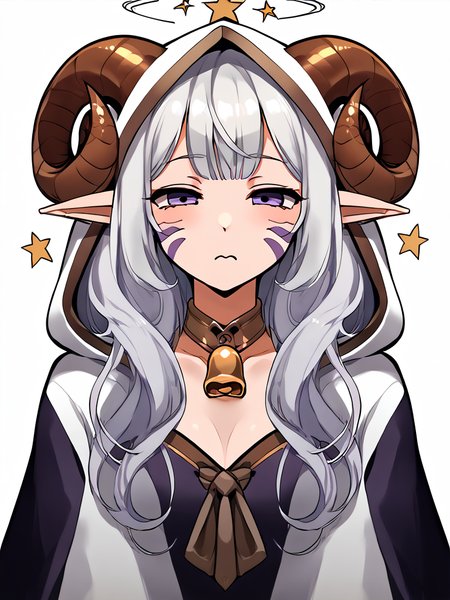 <lora:seeing_stars:1> @ @,  seeing_stars:1.5, sitting, confused:1.3, half-closed eyes, source_anime, source_furry, score_7_up, rating_safe, portrait, gold necklace, tiefing, short pointed ears, brown horns, (a pair of brown sheep Horns that begin at her temples and curve back: 1.5), bangs, long silver hair long wavy hair, pale skin, <lora:whisker_markings:0.8> whisker_markings pointy ears, purple eyes, <lora:age_slider_v4:0.6>   medium breasts, skinny female, silver hair, <lora:Tieflingnew weird fantasyDND:0.3> Tiefling, pointed ears, horns,  <lora:Smooth Style 2 SDXL_LoRA_Pony Diffusion V6 XL:0.5>  bell, robe, hood off, <lora:Nanoless_Artist_Style_PonyXL:0.3> focus on head, >:,