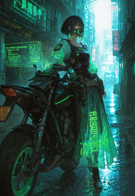 ral-hlgrphic, usnr, gbf_style, 748cmstyle, (safe_pos, fine texture, masterpiece, ultra-detailed, very awa, best quality, very aesthetic, absurdres, newest, natural lighting, scenery, portrait photo, cinematic composition), BREAK,

1girl, solo, rugged appearance, short dark hair, glowing green highlights, cybernetic eye glowing bright green, sharp facial features, defined cheekbones, collarbone, light scars on face, toned body, athletic build, BREAK,

holographic fabric, (tattered long coat), neon green trim, fitted black tactical armor, glowing green accents, high-tech face mask hanging loosely around her neck, one cybernetic mechanical arm, wrist-mounted holographic interface on one arm, futuristic utility belt, BREAK,

dynamic angle, close-up shot, face focus, dynamic pose, leaning back on a futuristic cyberpunk motorbike, gazing forward, focused expression, BREAK,

outdoors, standing on a rain-slick cyberpunk street, illuminated by vibrant neon signs and holographic advertisements, (rain falling), reflective puddles, futuristic urban background, glowing mist from manholes, detailed background, cinematic atmosphere, BREAK.