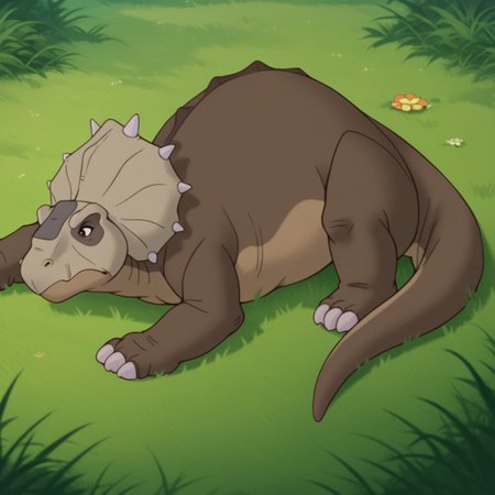 score_9, score_8_up, score_7_up, score_6_up, score_5_up, score_4_up, source_furry, thicknoselbt, feral, male,dinosaur, crest, spikes, Pachyrhinosaurus, brown skin, brown eyes, lying, in a grassy field