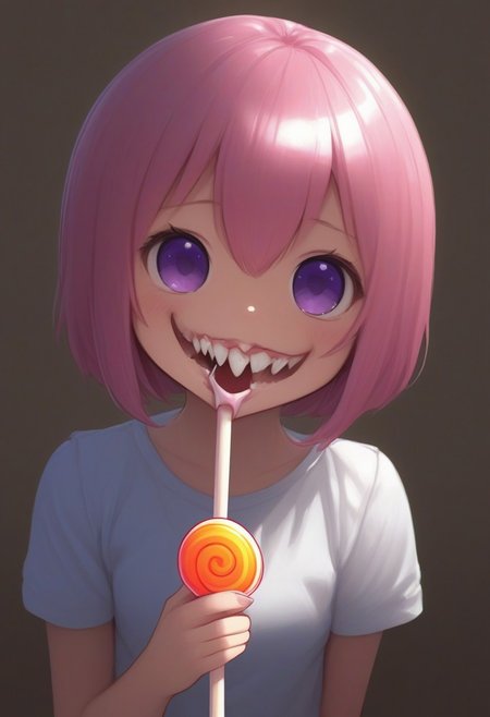 CivChan, purple eyes, pink hair,
(licking a giant lollipop made from teeth, made_from_teef:1.5)