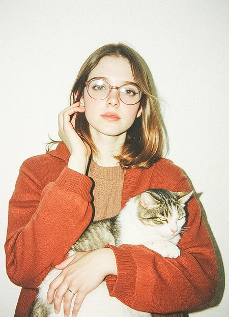 Japanese Culture Style, Emotional Photos, 35mm film, soft focus, young Japanese woman, Round Glasses, A refreshing morning, Holding a cat
