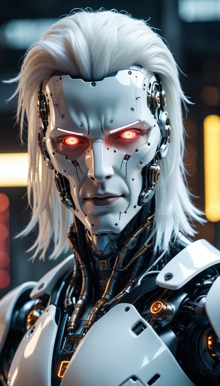 a dramatic fantasy portrait of an epic cyberpunk android young male model robot, covered in glowing mechanical parts and white PVC panels, sporting medium length white hair, intricately detailed,  (perfectly-lit, crisp focus, absurdres, 8k UHD, HDR, vivid color, depth of field, contrast, clarity, balance), <lora:sdxl_lightning_8step_lora:1>
