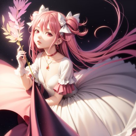 masterpiece, best quality,1girl, ultimate madoka, kaname madoka, solo, pink hair, long hair, gloves, dress, two side up,(kbxll:0.6)