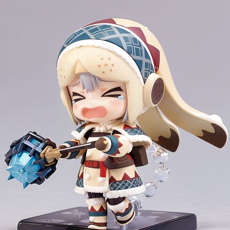 (score_9:0.9),score_8_up,score_7_up,rating_safe,anime style,(zPDXL),<lora:lagombi armor ponyXL v1:0.8>,  lagombi armor, white hat, white gloves, white knee boots, 1girl, solo, >_<, chibi, open mouth, tears, closed eyes, blonde hair, weapon, holding, long hair, blush, grey background, 3d, pvc figure, huge hammer, holding huge hammer