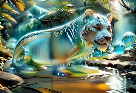 animal_guardian, tiger, a white tiger with black stripes, Tiger made out of slime, slime tiger in a jungle, jungle made out of slime, 
natural light, no bright spots, 
((translucent slime)), ((transparent slime)), made of water, (bioluminescent slime), sl1m3, slime, slime-morph, ais-blmn, saturated colors, no creatures, no humans, no monsters, no pokemon, scenery only, scenery, ral-lava, watce