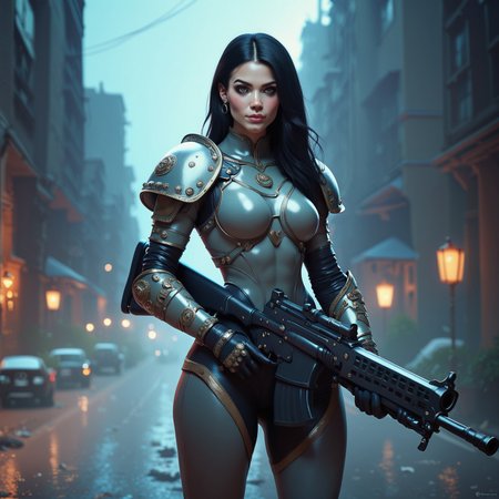 score_9, score_8_up, score_7_up, black hair flxch1ck wearing heavy armor and holding a rifle, standing on the street of a post-apocalyptic city, looking at viewer, close-up